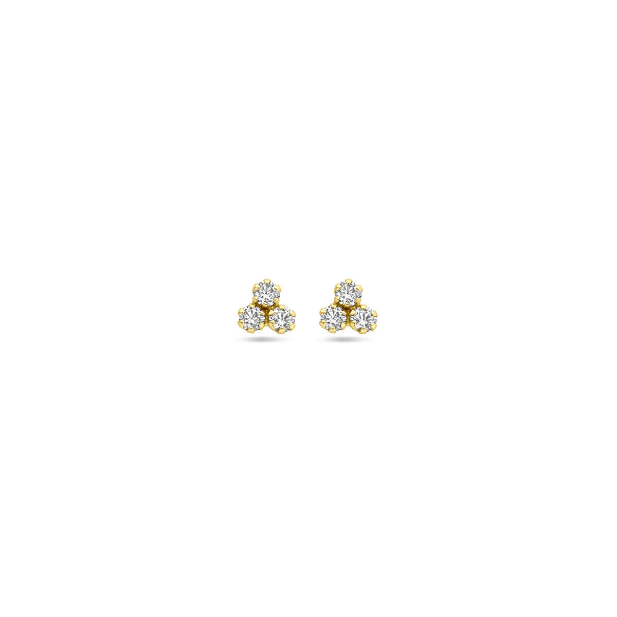Paar 14K geelgouden oorknoppen van de Van der Kooij Collectie, elk voorzien van een ronde zirkonia van 4,5 mm, meestal tegen een effen witte achtergrond.
