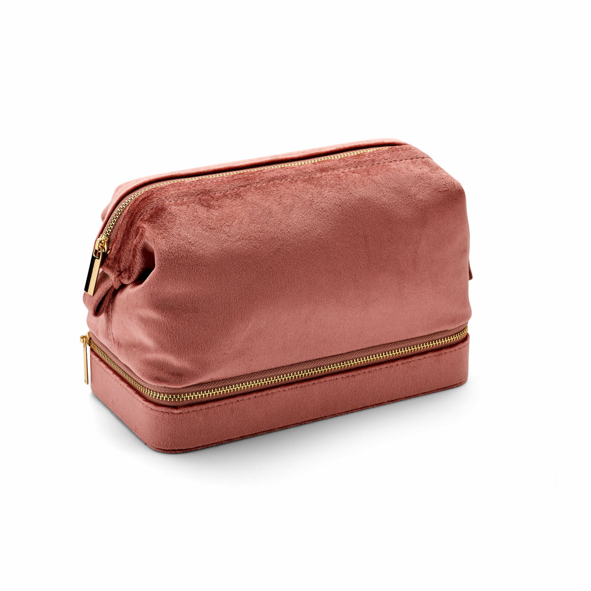 Roze sieraden doos met gouden rits, zacht materiaal en een praktische, elegante vorm.