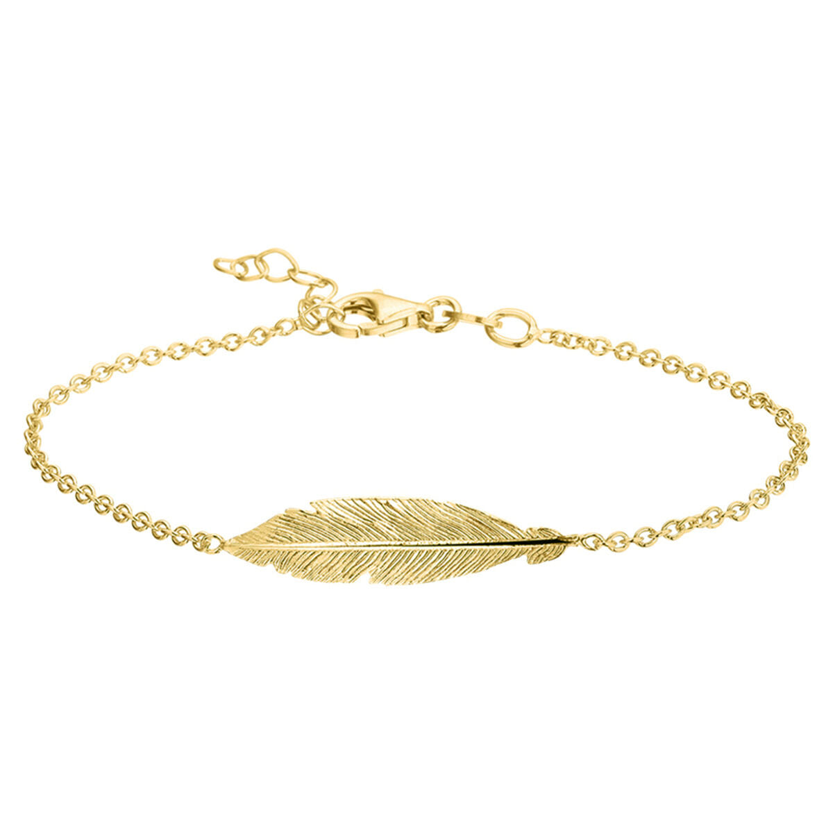 Armband van 3 micron zilver verguld met een verenmotief, lengte 16,5 + 2,5 cm.