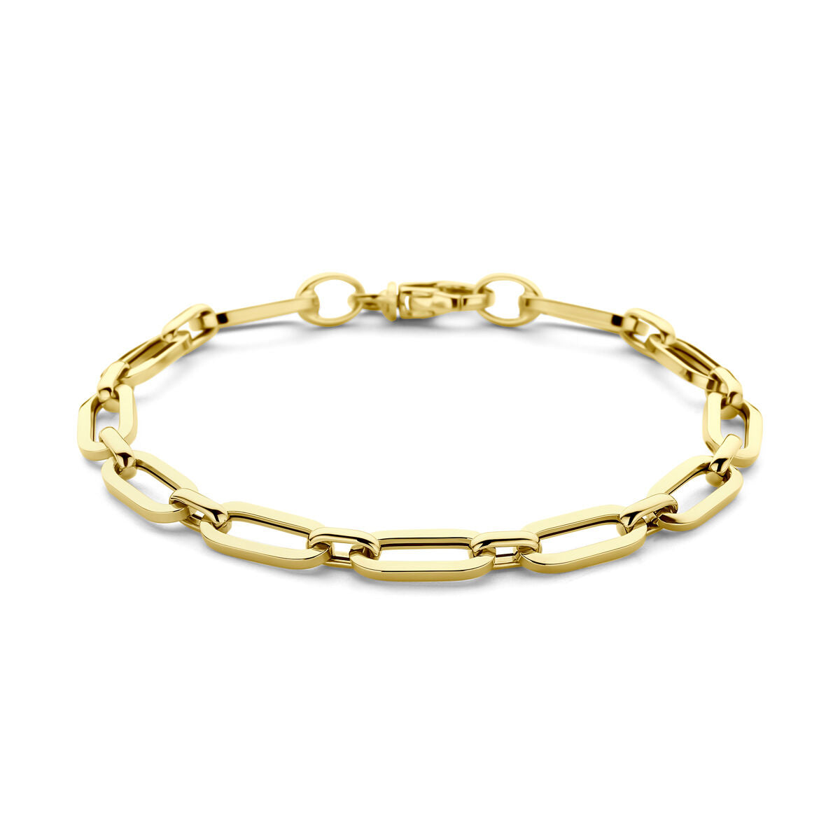 Armband van 14K geelgoud met paperclip schakels, 6,0 mm breed en 19 cm lang.