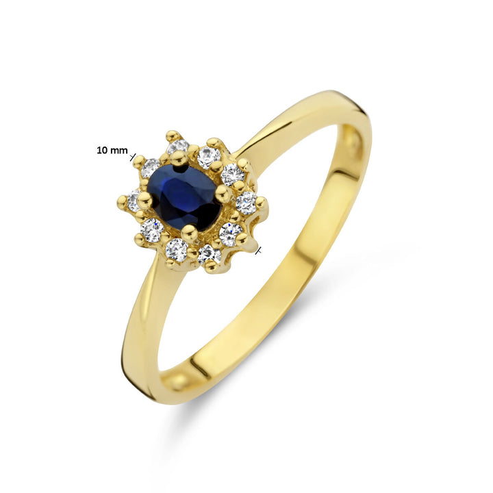 ring saffier en diamant 0.08ct h p1 halo 14K geelgoud