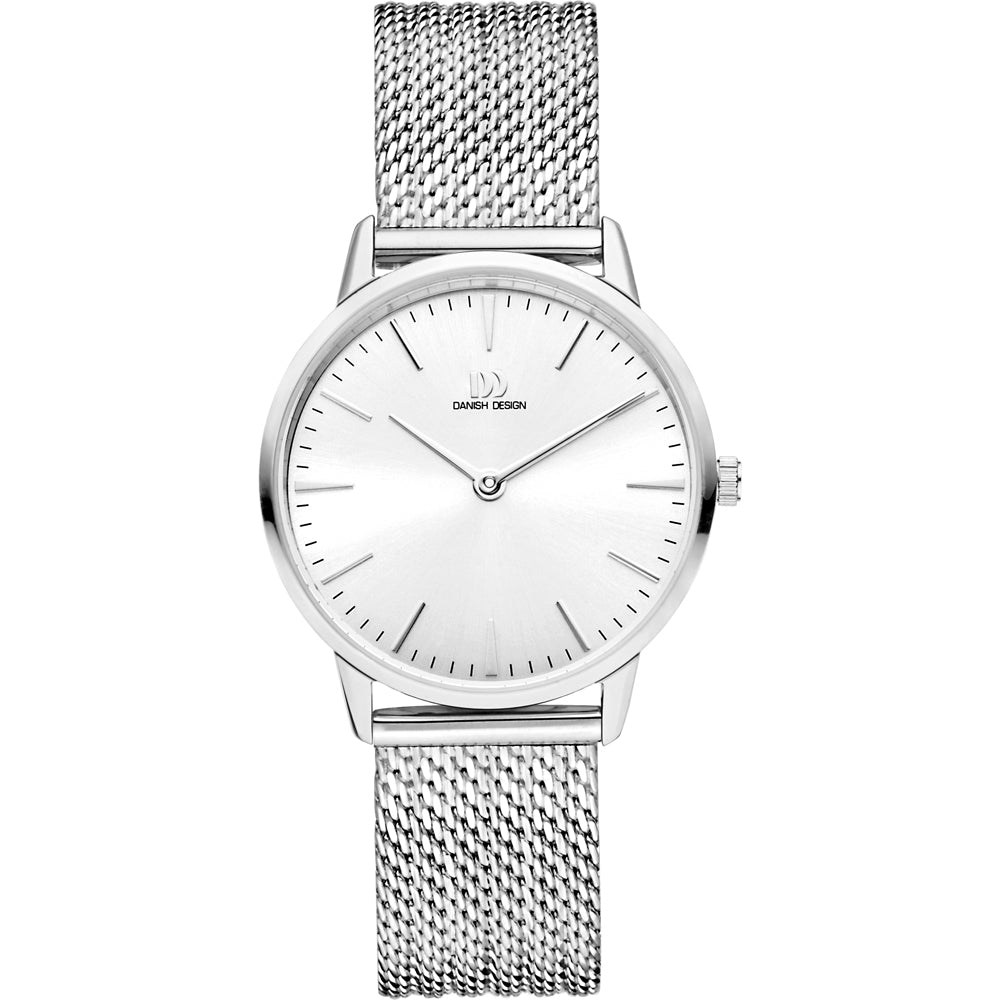 Zilveren horloge met een ronde wijzerplaat en mesh-band, voorzien van een witte wijzerplaat zonder cijfers.