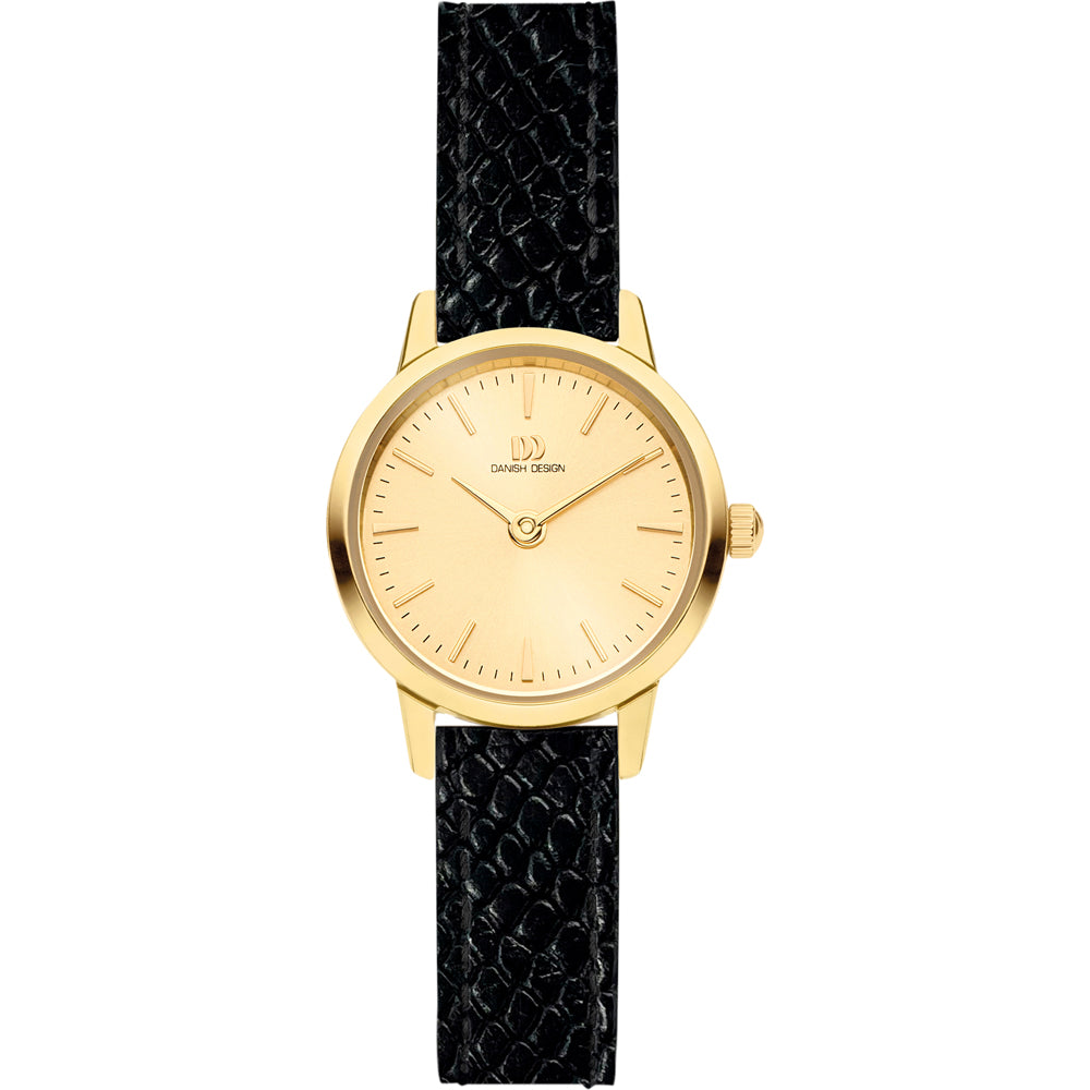 Gouden horloge met een zwarte, gevlochten leren band en een eenvoudige, gouden wijzerplaat.