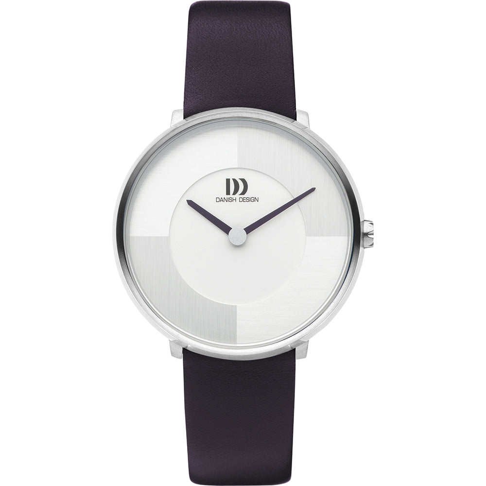 Zilveren horloge met witte wijzerplaat en paarse leren band.