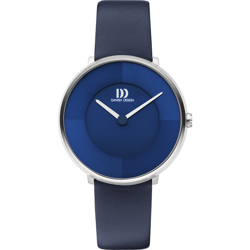 Blauw horloge met een ronde wijzerplaat, zilveren kast en een leren band.