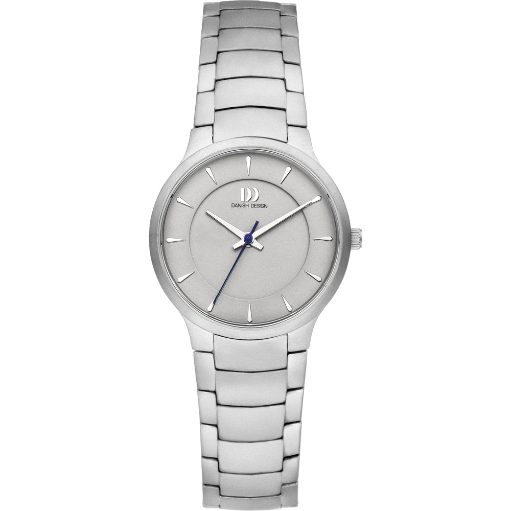 Zilveren horloge met een grijze wijzerplaat en blauwe secondewijzer, voorzien van een schakelband.