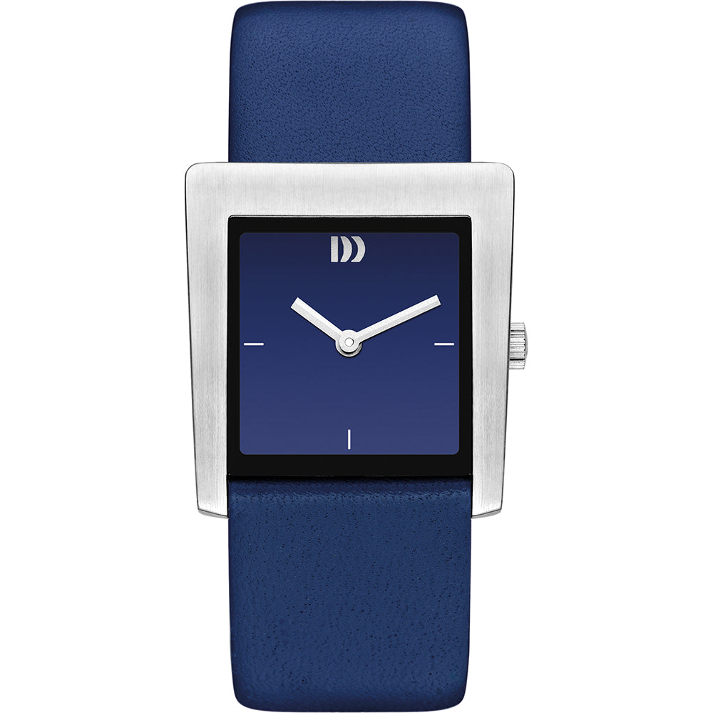 Blauw horloge met vierkante wijzerplaat, zilveren kast en leren band.