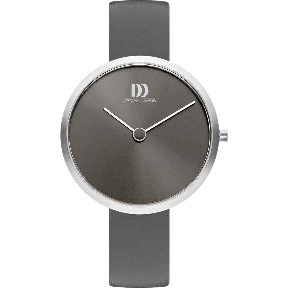 Grijs horloge met een ronde wijzerplaat en zilveren kast, voorzien van een grijze band.