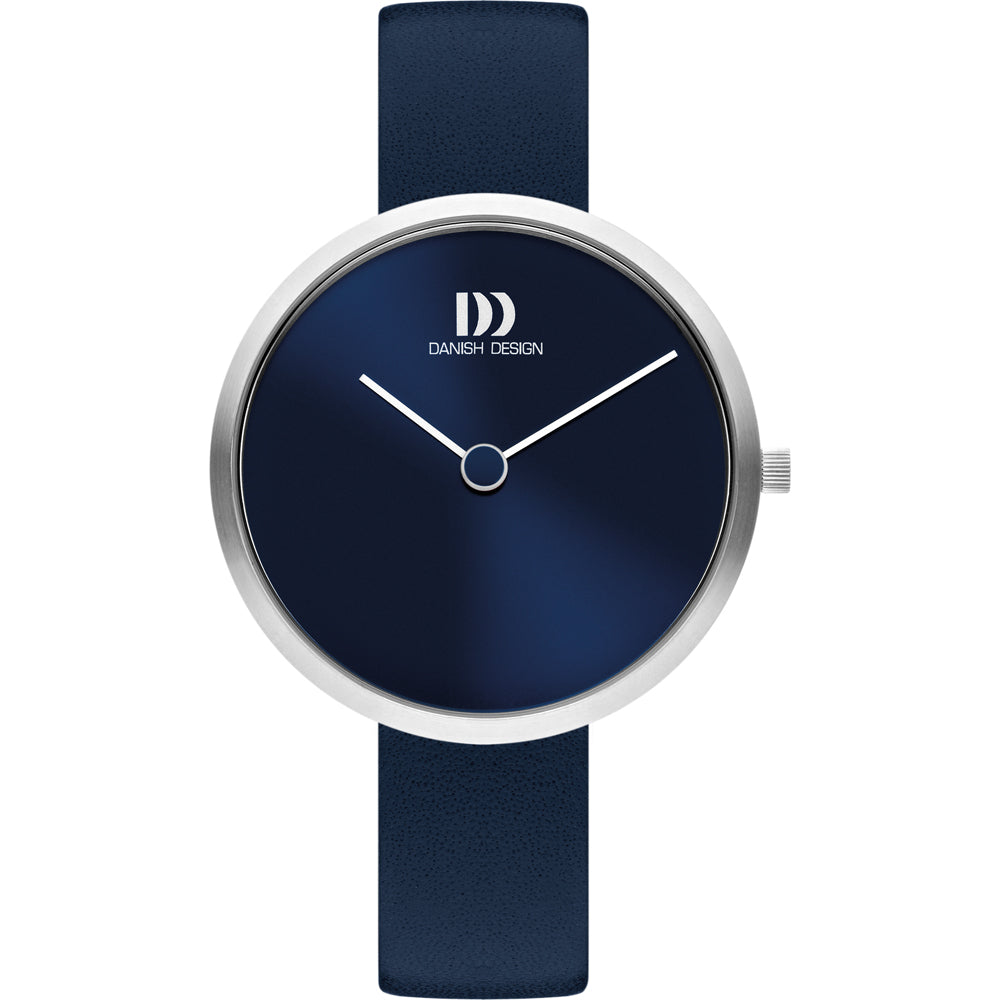 Blauw horloge met een ronde wijzerplaat, zilveren kast en een blauwe leren band.