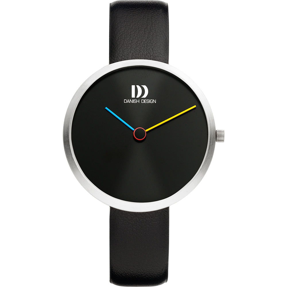 Zwart horloge met een ronde wijzerplaat, zilveren kast en leren band, met kleurrijke wijzers.