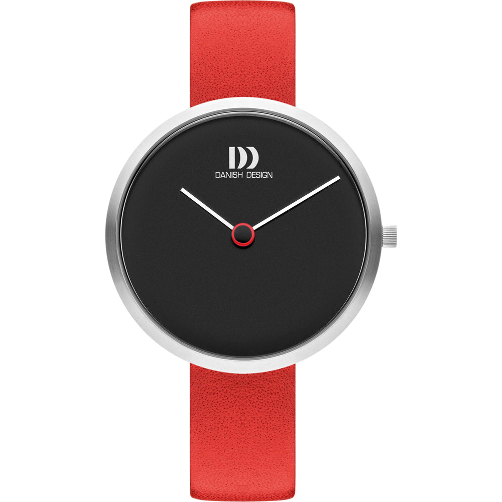Zwart horloge met ronde wijzerplaat, zilveren kast en een rode leren band.