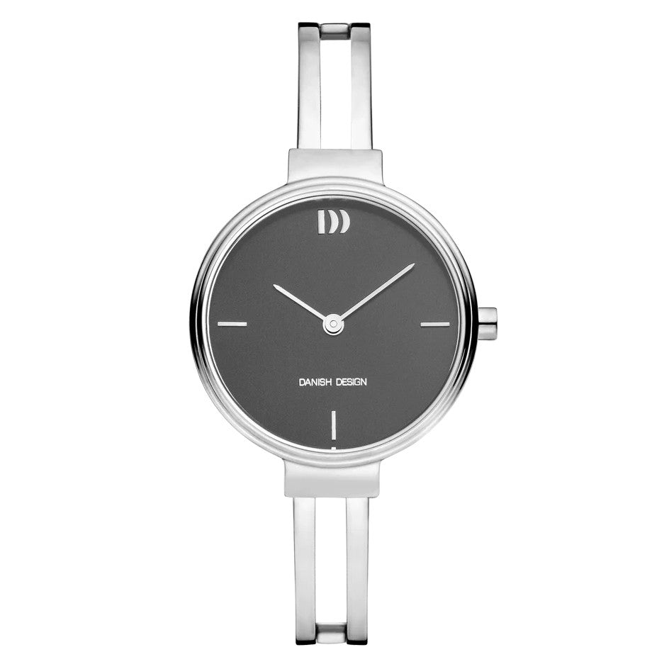 Zilveren horloge met een grijze wijzerplaat en een minimalistisch ontwerp.