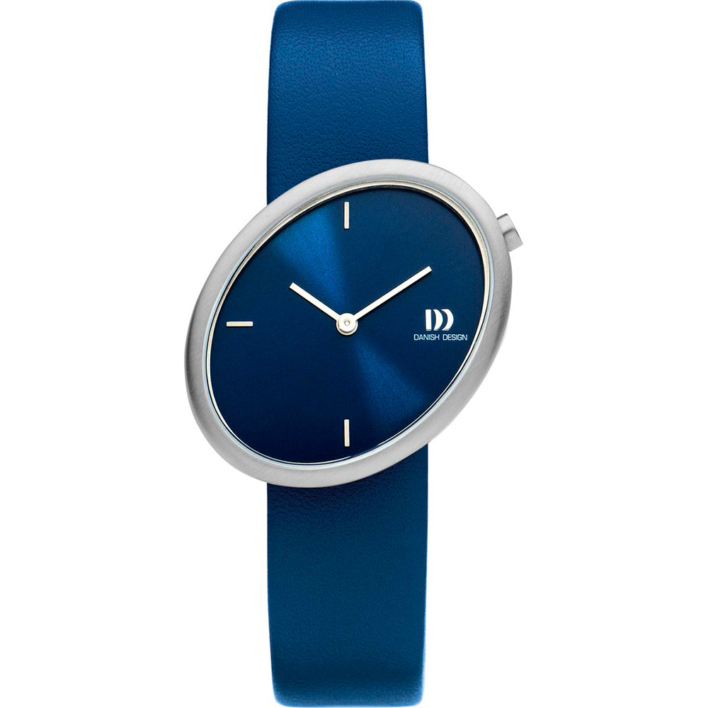 Blauw horloge met een ovale wijzerplaat, zilveren kast en een blauwe siliconen band.