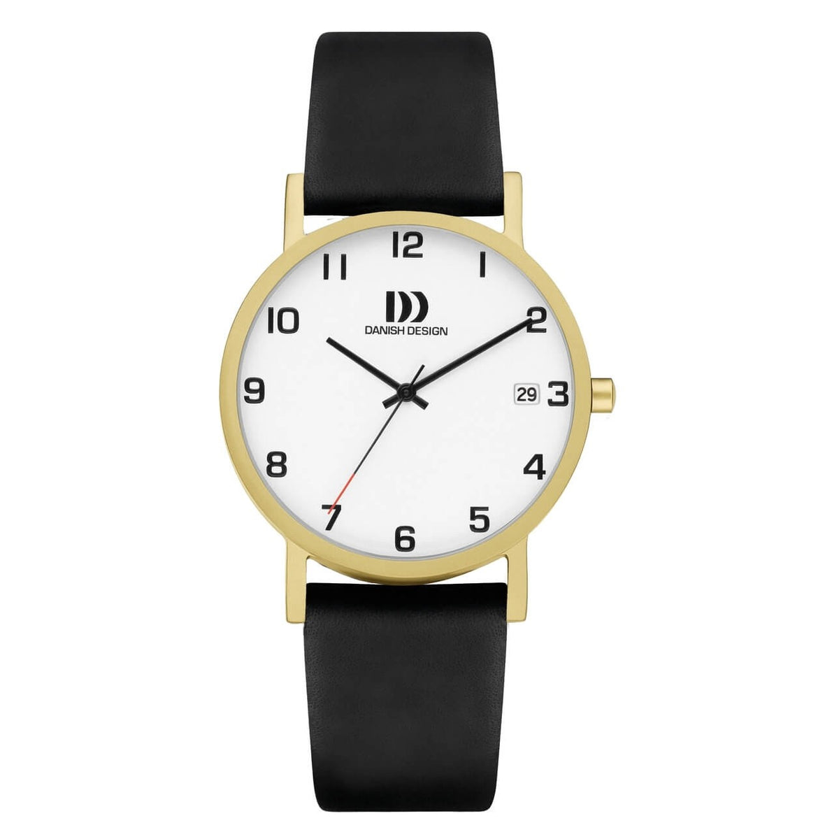 Gouden horloge met witte wijzerplaat, zwarte leren band en rode secondewijzer.