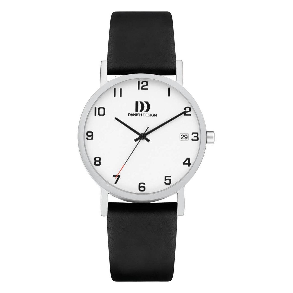 Zilveren horloge met witte wijzerplaat en zwarte leren band, voorzien van duidelijke cijfers en een rode secondewijzer.