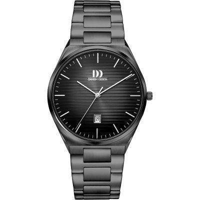 Zwart heren horloge met grijze wijzerplaat en stalen schakelband, voorzien van een datumaanduiding.