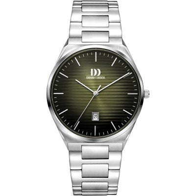 Herenhorloge met groene wijzerplaat, zilveren stalen band en een strakke, moderne uitstraling.