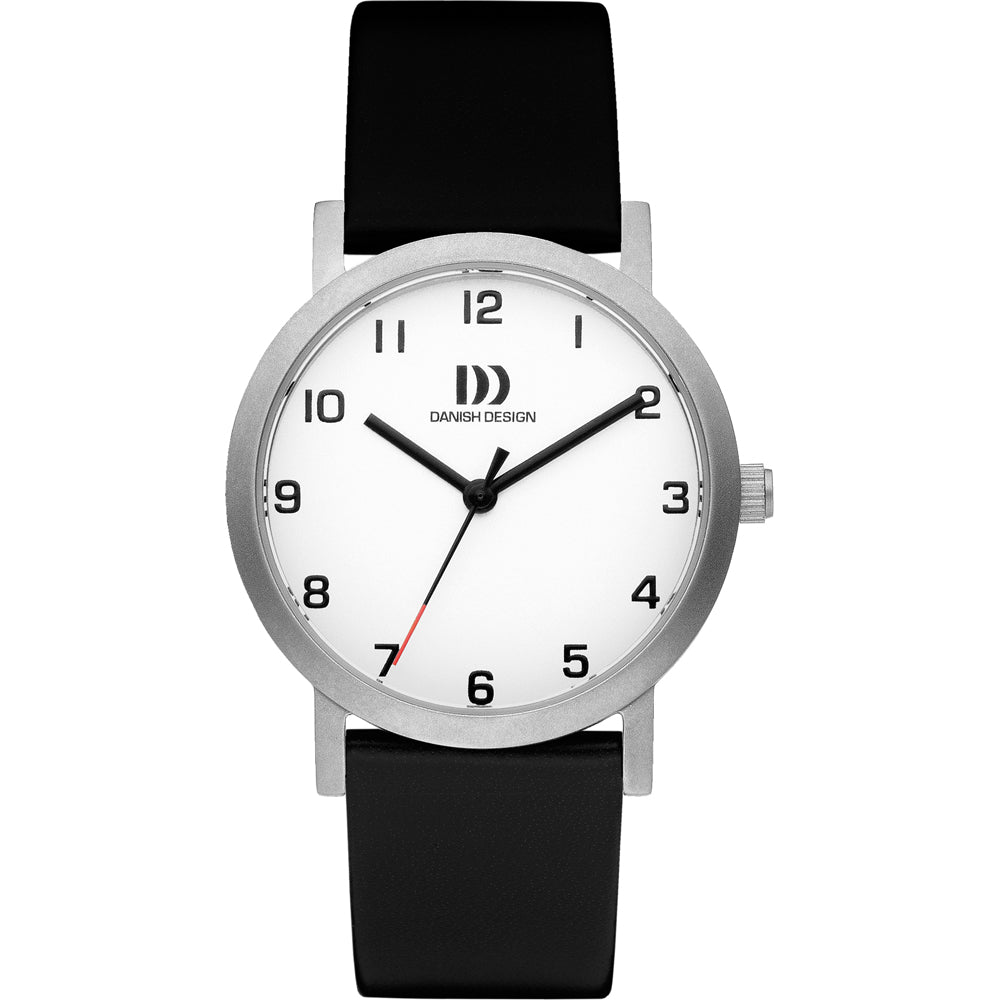Zilveren horloge met witte wijzerplaat, zwarte rubberen band en rode secondewijzer.