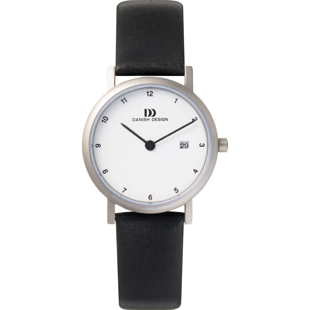 Zilveren horloge met witte wijzerplaat en zwarte leren band.