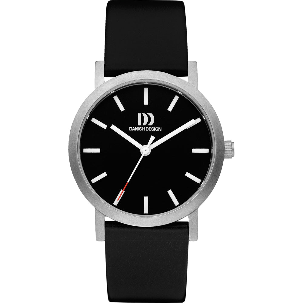 Zwart horloge met een zilveren kast, witte wijzers en een zwarte leren band.