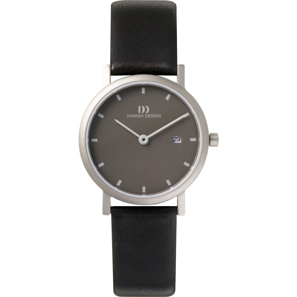 Zilveren horloge met een grijze wijzerplaat en zwarte leren band.