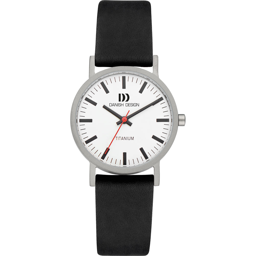 Titanium horloge met witte wijzerplaat, zwarte leren band en rode secondewijzer.