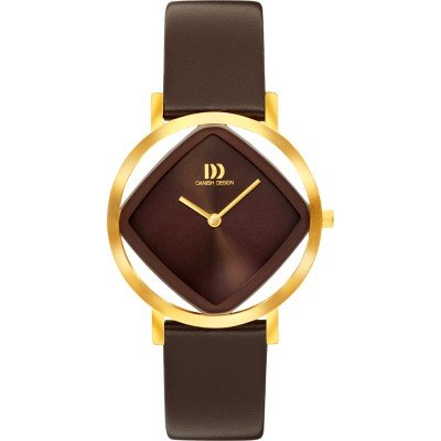 Gouden horloge met een bruine leren band en een vierkante, donkerbruine wijzerplaat.
