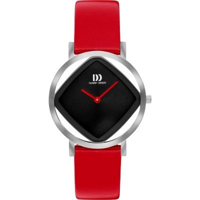 Zilveren horloge met een zwarte vierkante wijzerplaat en rode leren band.