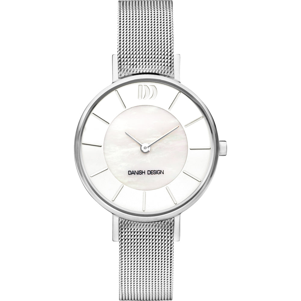 Zilveren horloge met mesh-band, witte wijzerplaat en minimalistische indexen.