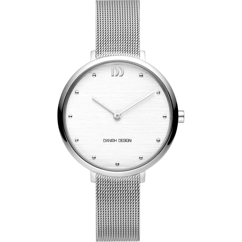 Zilveren horloge met mesh-band, witte wijzerplaat en strass-steentjes als uurmarkeringen.