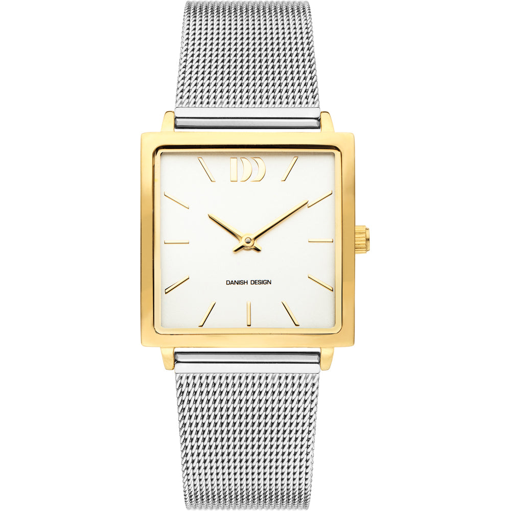 Gouden vierkant horloge met witte wijzerplaat en zilveren mesh-band.