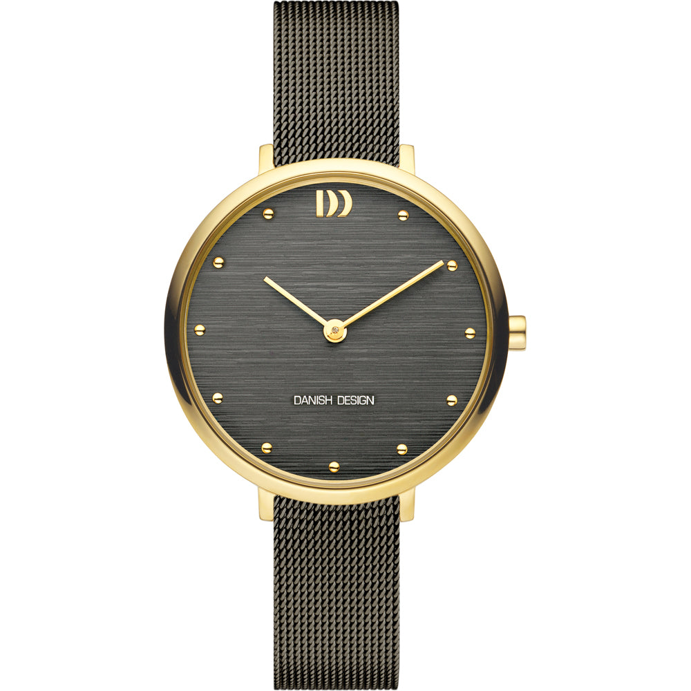 Gouden horloge met een zwarte wijzerplaat en mesh-band, voorzien van subtiele stippen als uurmarkeringen.