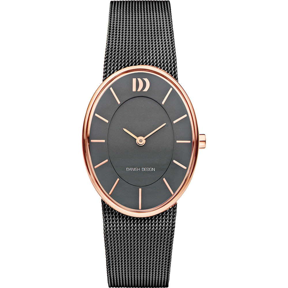 Dames horloge met grijze wijzerplaat, roségouden details en een zwarte mesh-band.