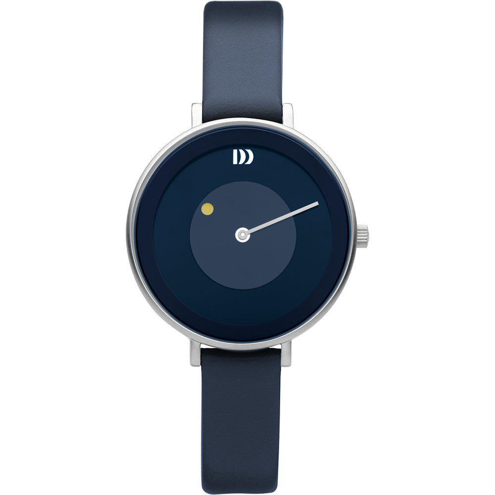 Blauw horloge met een ronde wijzerplaat, zilveren kast en een leren band.