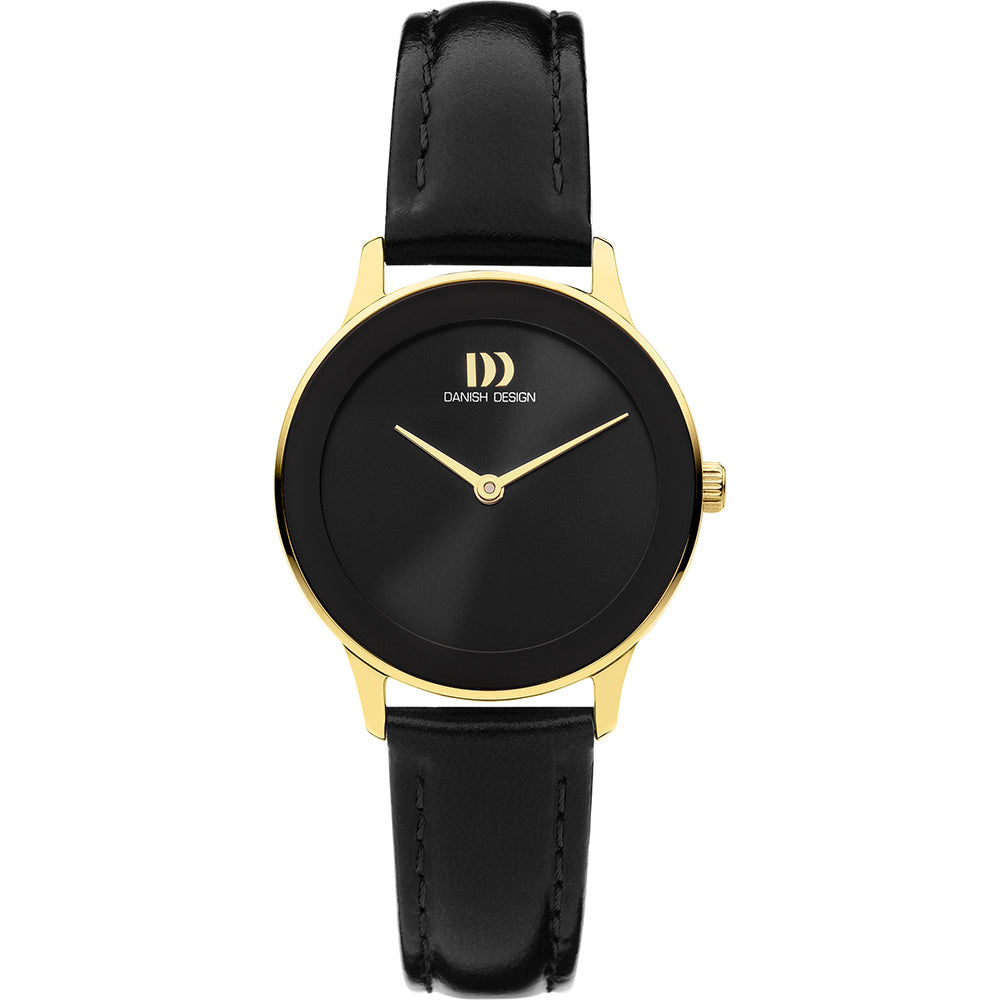 Zwart horloge met een gouden kast en een leren zwarte band, eenvoudige wijzerplaat zonder cijfers.