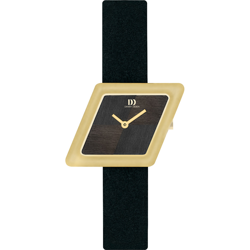 Gouden horloge met een vierkante wijzerplaat in zwart en een zwarte band.