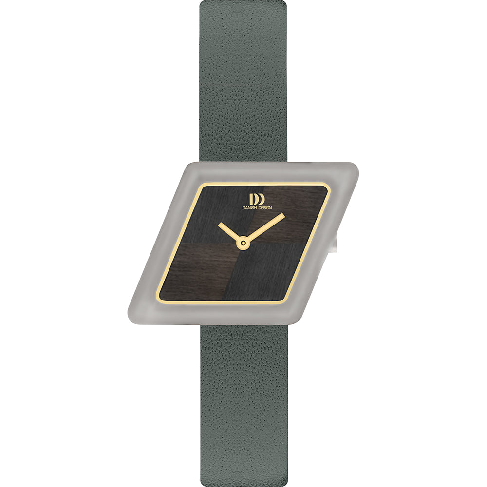Grijs horloge met een vierkante wijzerplaat, gouden wijzers en een leren band.