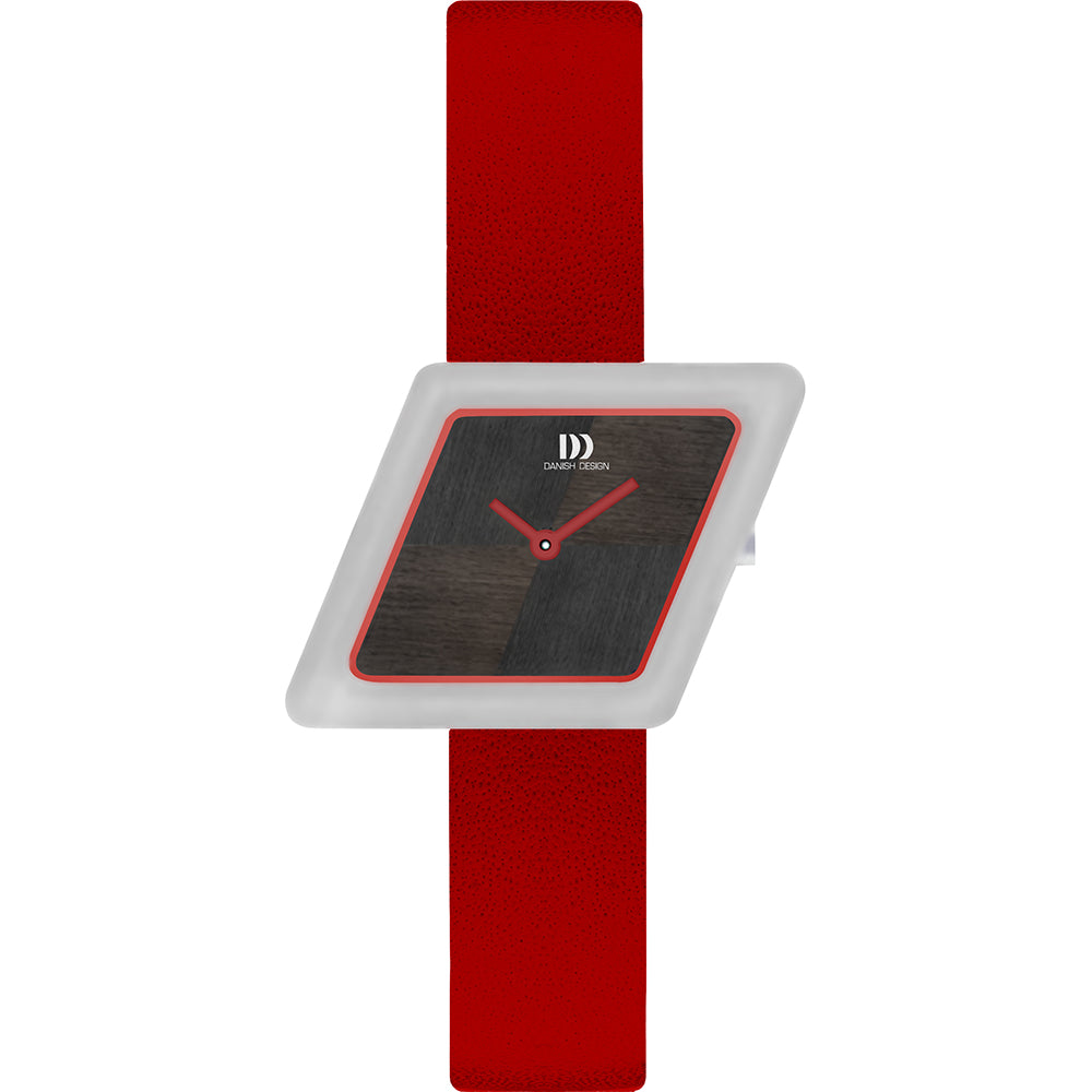 Wit vierkant horloge met een zwarte wijzerplaat en rode leren band.