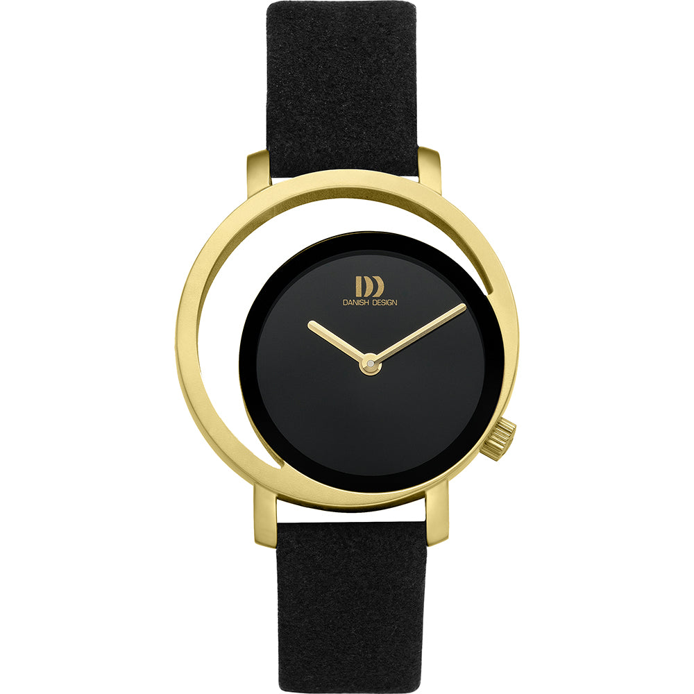 Gouden horloge met zwarte wijzerplaat en zwarte leren band, minimalistisch ontwerp met open bezel.