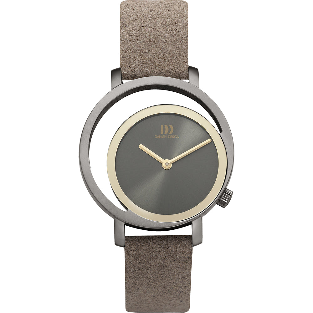 Grijs horloge met ronde wijzerplaat, gouden details en een beige leren band.