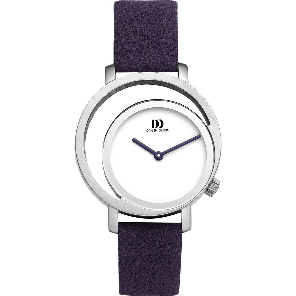 Dames horloge met witte wijzerplaat, zilveren kast en paarse leren band.