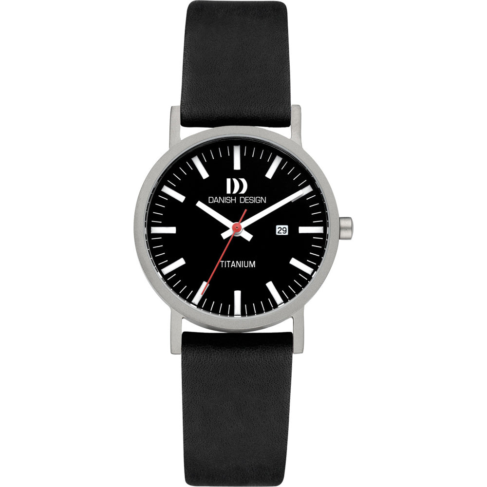 Dames horloge met zwarte wijzerplaat, titanium kast en zwarte leren band, voorzien van een datumaanduiding.
