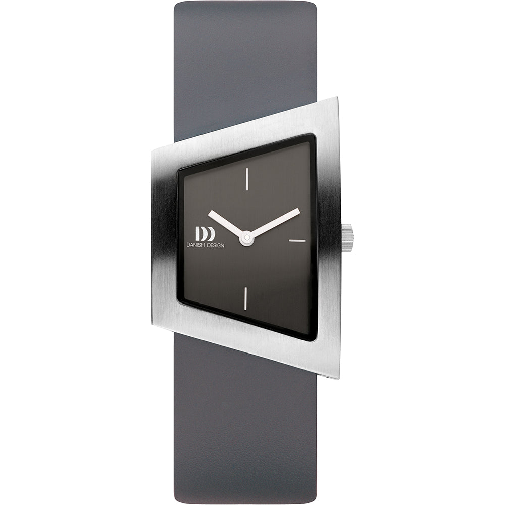 Grijs horloge met een vierkante, zilveren kast en zwarte wijzerplaat, voorzien van een minimalistisch ontwerp.