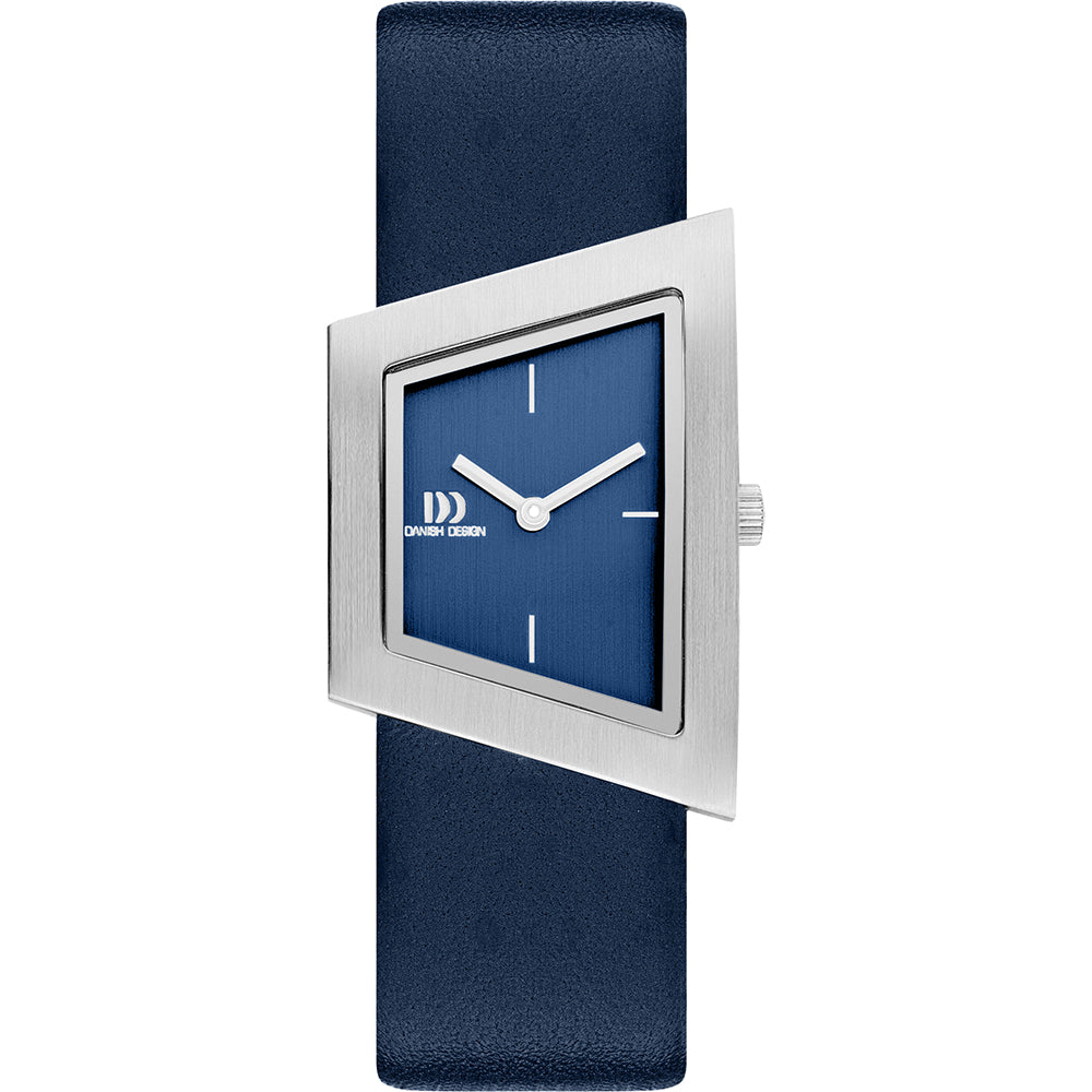 Blauw horloge met een geometrische zilveren kast en een leren band.