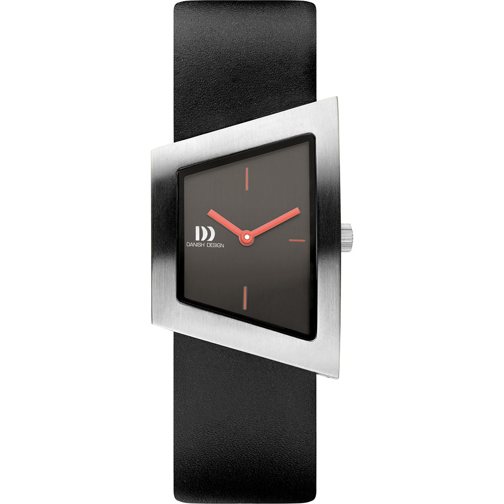 Dames horloge met zwarte wijzerplaat, vierkant roestvrijstalen kast en zwarte leren band.