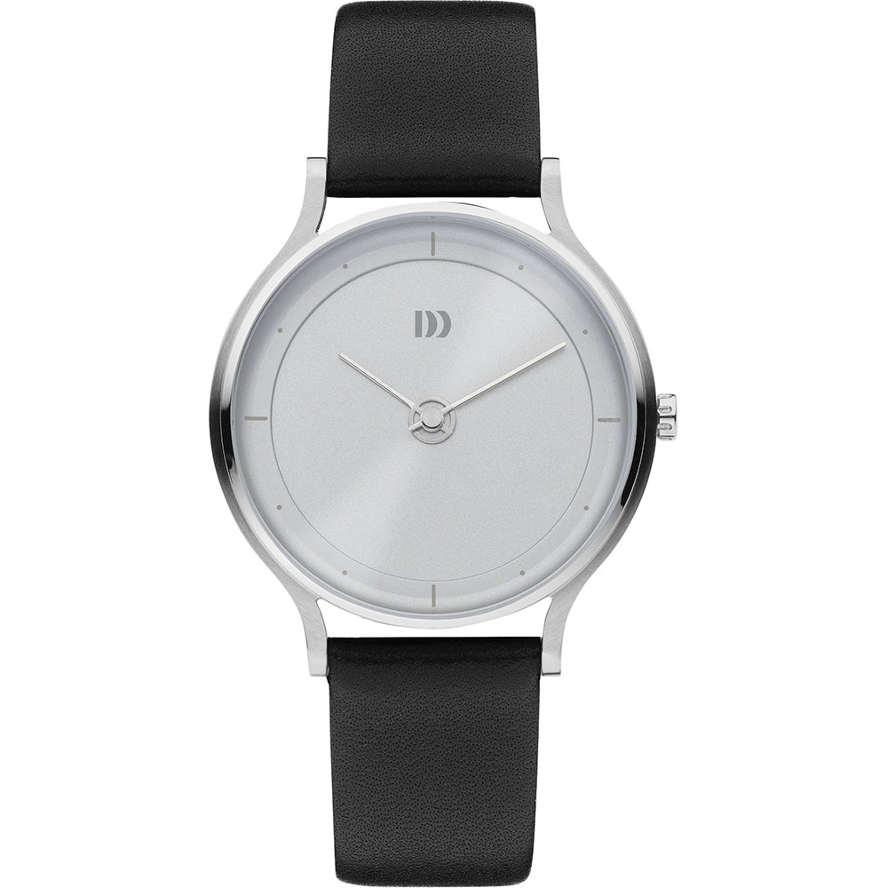 Zilveren horloge met een minimalistische wijzerplaat en zwarte leren band.
