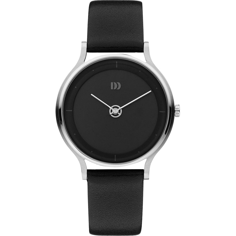 Zwart horloge met een ronde wijzerplaat, zilveren kast en zwarte leren band.