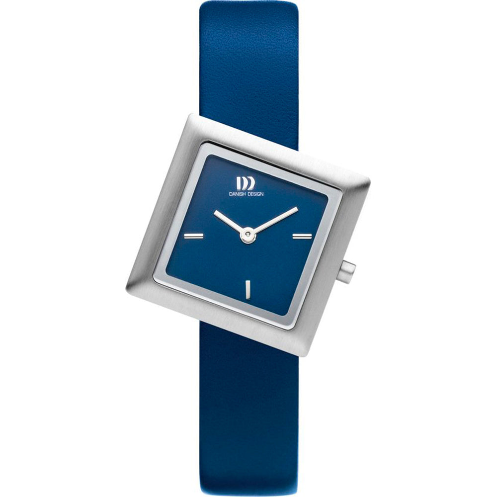 Blauw horloge met vierkante wijzerplaat en zilveren kast, voorzien van een gladde blauwe band.
