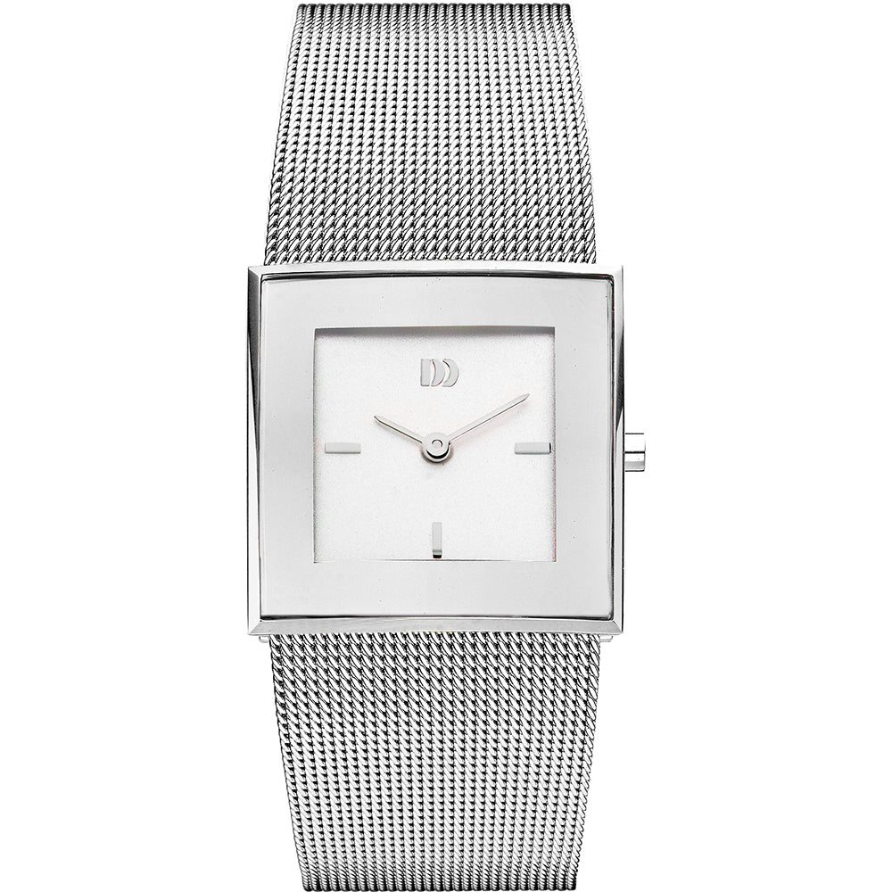 Zilveren horloge met vierkante kast, witte wijzerplaat en mesh-band.