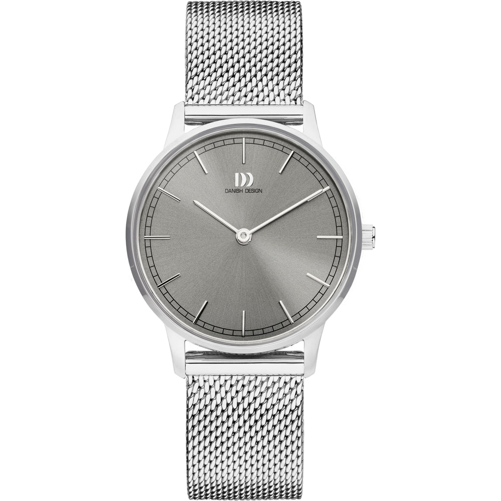 Zilveren horloge met een grijze wijzerplaat en een mesh-band.